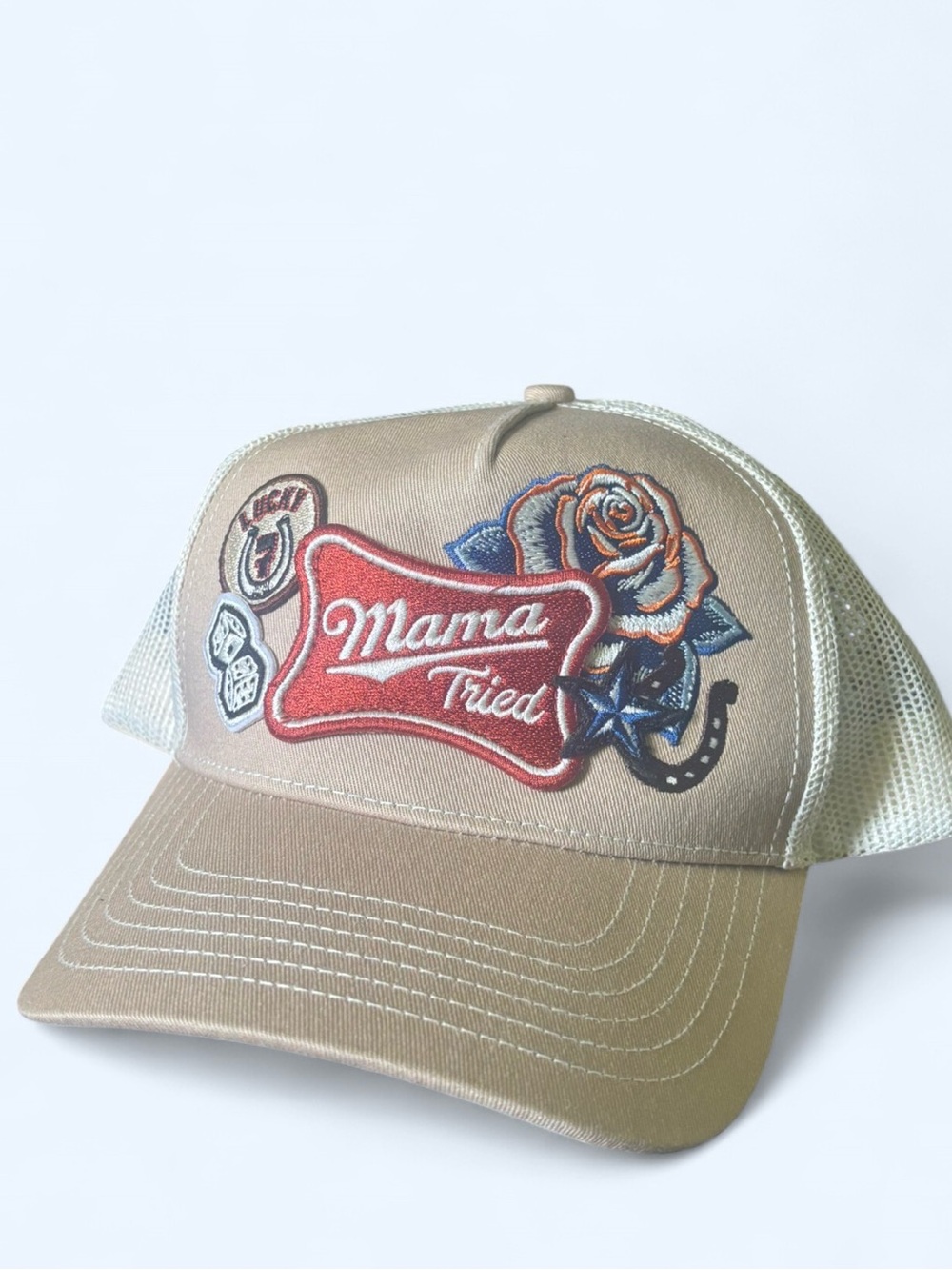 Mama Tried Embroidered Trucker Hat Tan with Red Patch